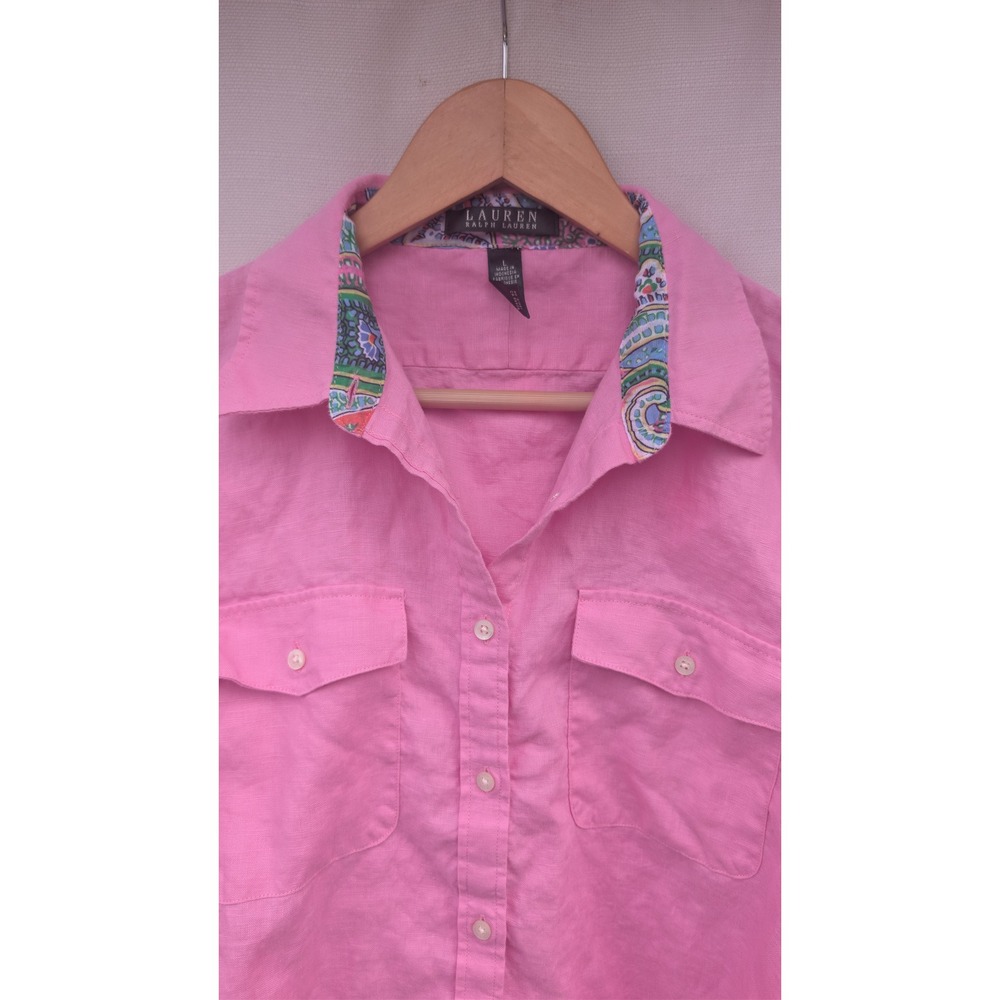 Lauren Ralph Lauren Pink 100% Linen Paisley Trim Button Down Shirt Large - Picture 3 of 7